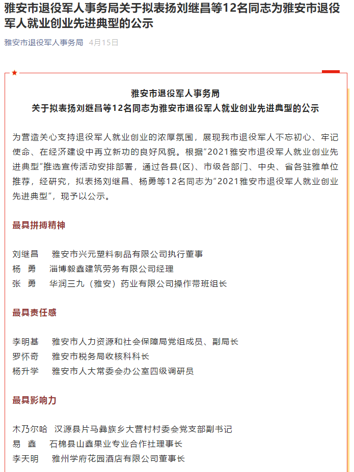 雅安市退役軍人事務(wù)局關(guān)于擬表揚劉繼昌等12名同志為雅安市退役軍人就業(yè)創(chuàng)業(yè)先進典型